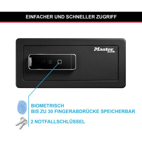 Cassaforte nera con scanner di impronte e due chiavi. Biometrica, memorizza 30 impronte.
