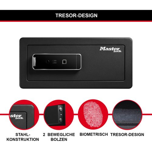 Cassaforte Master Lock nera con scanner biometrico di impronte digitali e dettagli di costruzione.