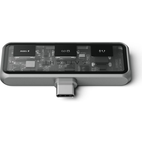 Ein grauer USB-C-Adapter mit sichtbarer Platine und Symbolen für 100W, USB und Audio.
