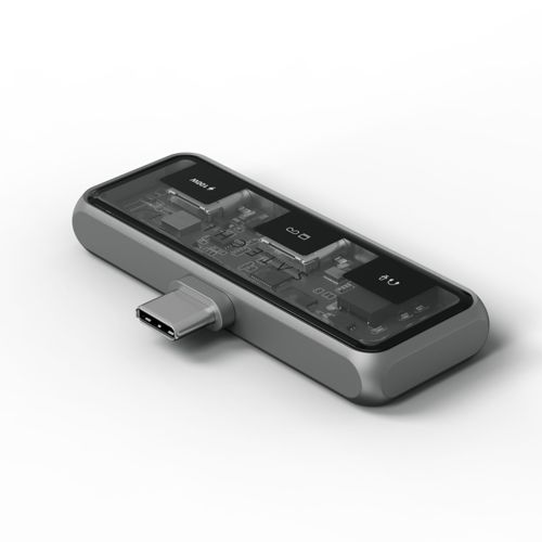 Grauer USB-C-Hub mit transparentem Gehäuse, der die interne Platine zeigt.