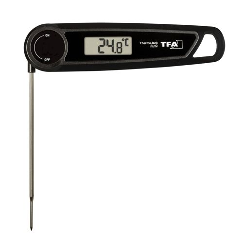 Schwarzes Digitalthermometer mit Metallsonde, zeigt 24,8°C an.