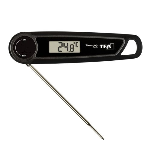 Schwarzes Digitalthermometer mit ausklappbarem Edelstahlfühler und LCD-Anzeige.