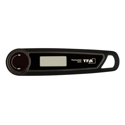 Schwarzes digitales Thermometer mit LCD-Display und Drehschalter für Ein/Aus.