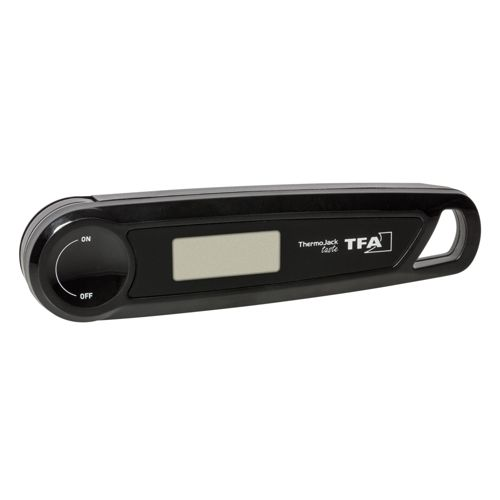 Schwarzes digitales Thermometer mit LCD-Display und Drehknopf.