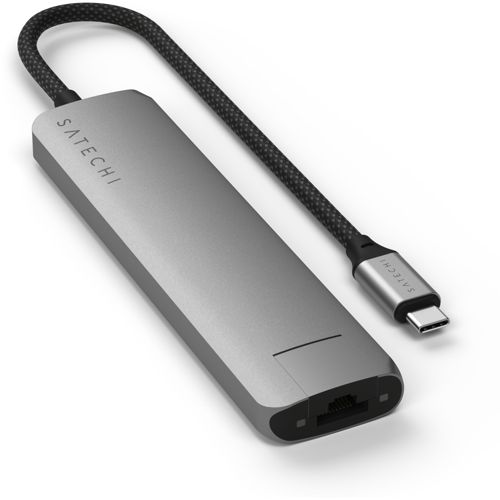 Hub Satechi USB-C gris con puerto Ethernet y cable negro con conector USB-C.