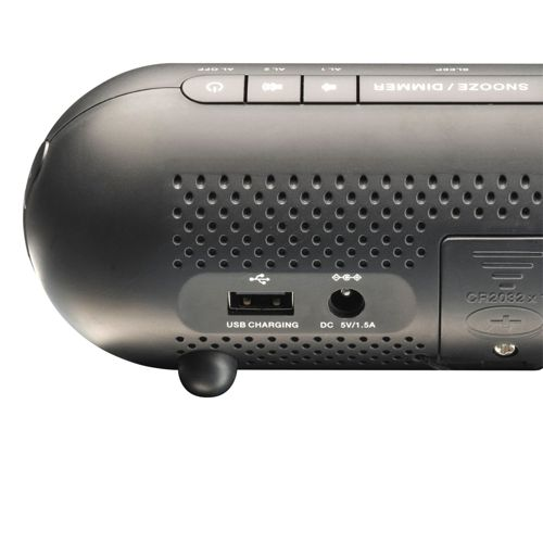 Ein schwarzer Wecker mit USB-Ladeanschluss und DC-Stromanschluss.