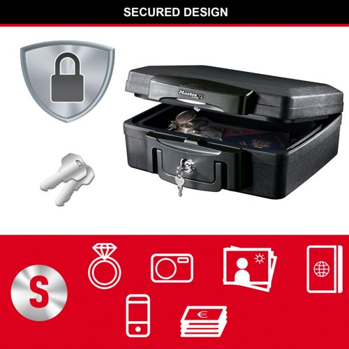 Caja de seguridad negra abierta con llaves, monedas y DNI. Diseño seguro.