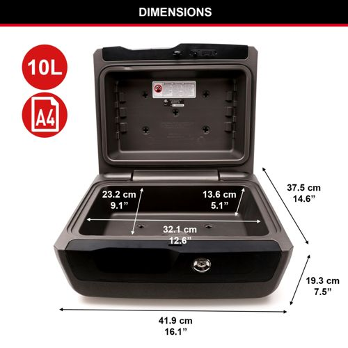 Caja fuerte gris abierta con dimensiones interiores etiquetadas. Iconos 10L y A4.
