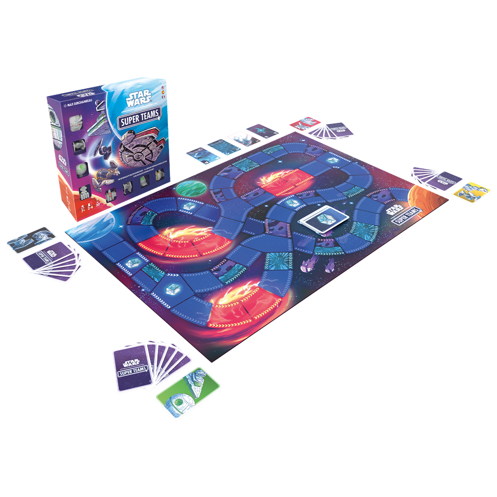 Juego de mesa Star Wars Super Teams con caja, tablero, cartas y planetas en el espacio.