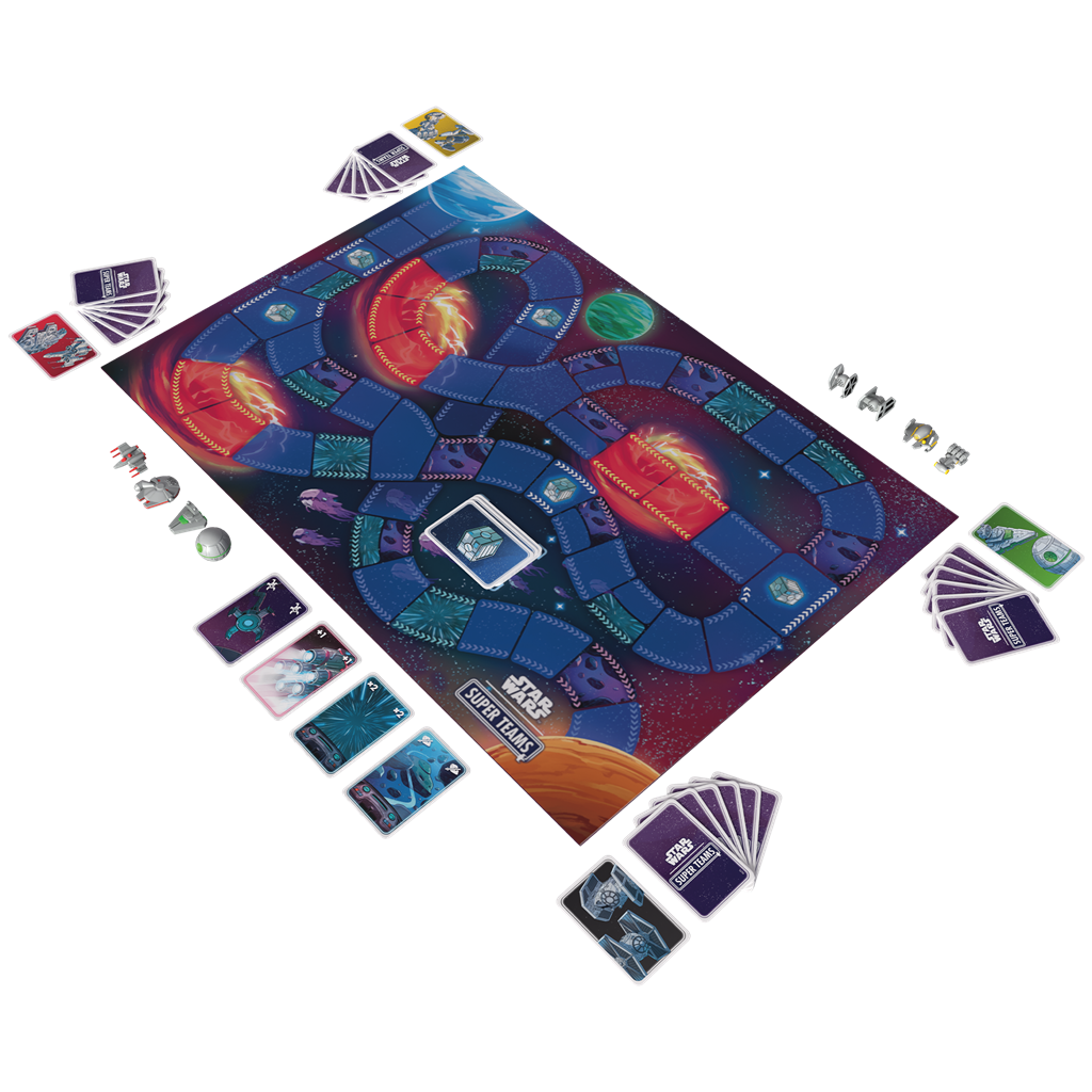 Juego de mesa Star Wars Super Teams con naves, cartas y tablero cósmico.