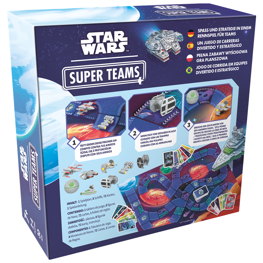 Juego de mesa Star Wars Super Teams con naves, tablero y cartas.