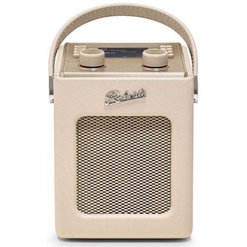 Une radio Roberts crème avec poignée et grille de haut-parleur.