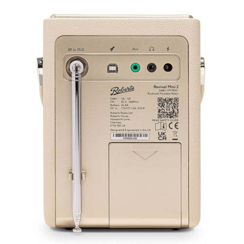 Arrière d'une radio Roberts Revival Mini 2 crème avec son antenne déployée.