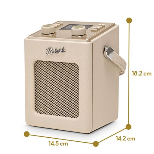 Une radio Roberts couleur crème avec grille de haut-parleur et boutons.