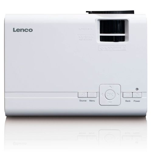 Ein weißer Lenco-Projektor mit Fokus- und Keystone-Rädern und Steuertasten.