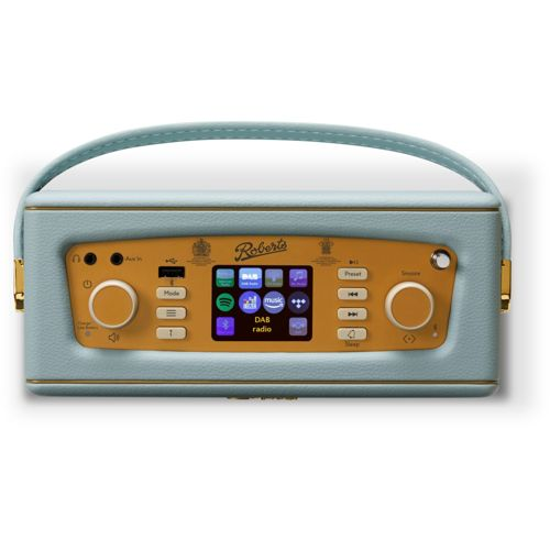 Een lichtblauwe Roberts radio met digitaal scherm, knoppen en handvat.