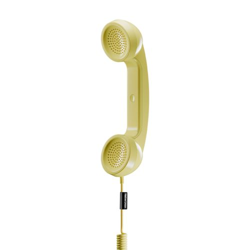 Un accessorio per cornetta telefonica vintage gialla con cavo a spirale.