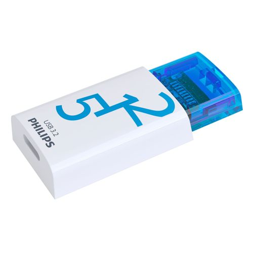 Weißer USB-Stick mit blauer Beschriftung 512 und Phillips-Logo.