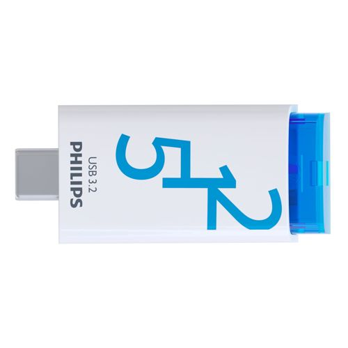 Ein weißer USB-Stick mit blauem Schriftzug „512“ und einem blauen Stecker.