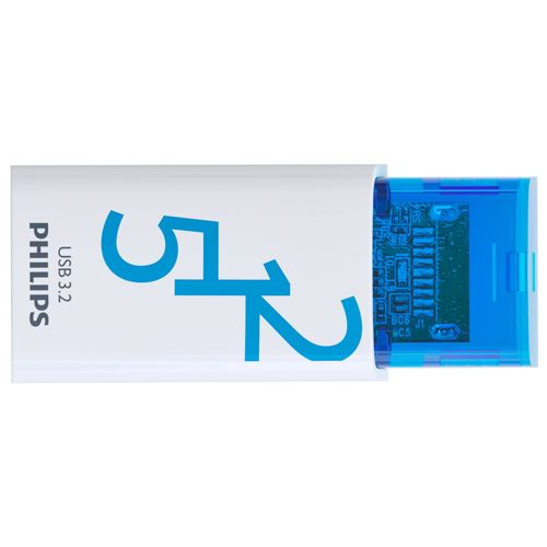 Ein weißer USB-Stick mit blauer Hülle und sichtbarer Platine.
