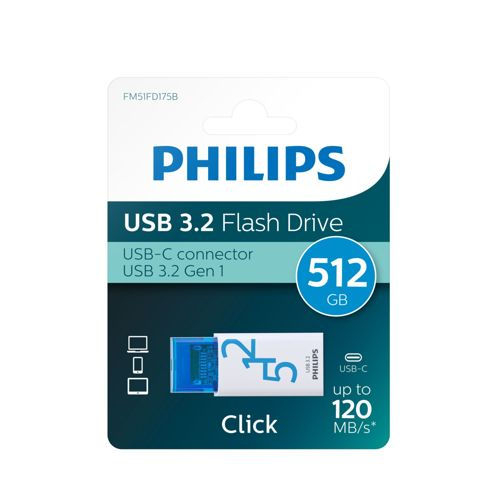 Philips USB 3.2 Flash Drive, 512 GB, USB-C, bis zu 120 MB/s.