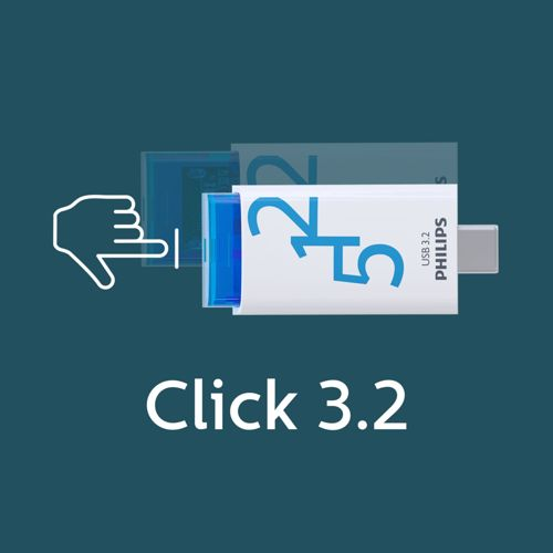 Ein USB-Stick mit der Aufschrift 32 und PHILIPS. Ein Pfeil zeigt nach links.