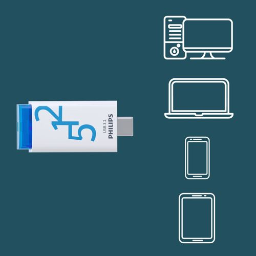Ein 32GB USB-Stick mit blauem Stecker und silbernem Anschluss daneben.