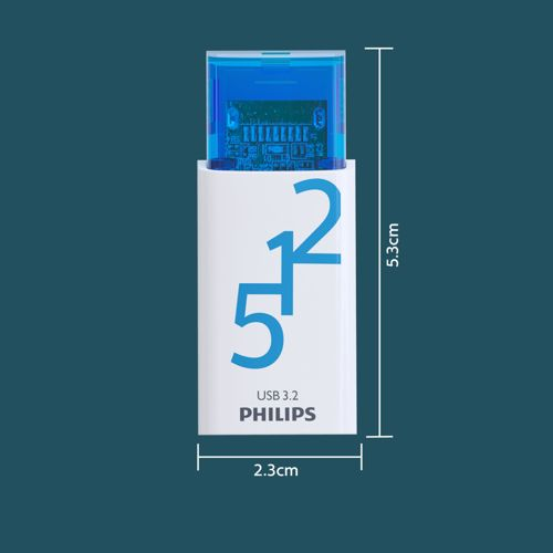 Ein weißer USB-Stick mit blauem Stecker und Aufdruck 512. Maße: 5,3 x 2,3 cm.