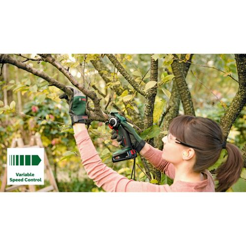 Frau mit Schutzbrille und Handschuhen schneidet Ast mit Gartenschere.