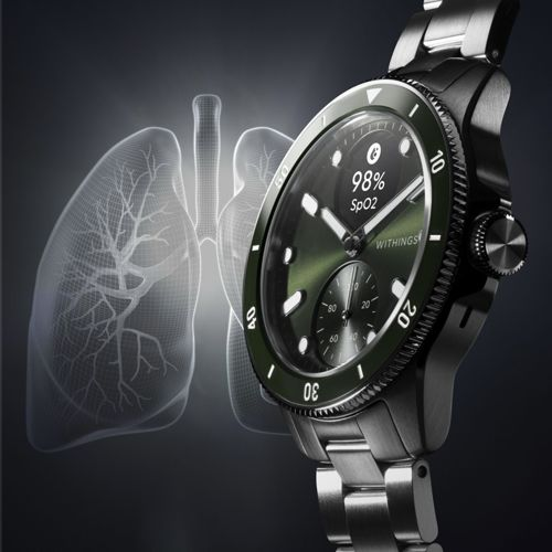 Ein grünes Smartwatch mit Lungen-Scan-Grafik daneben, zeigt 98% SpO2.