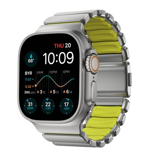 Eine silberne Smartwatch mit einem gelben Armband, zeigt 10:09 Uhr, Wetter und Gezeitendaten.