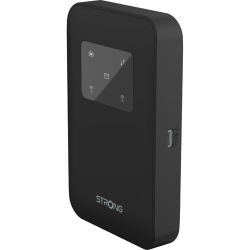 Enrutador móvil negro con pantalla pequeña y puerto USB-C.