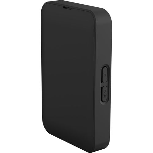 Un dispositivo rectangular negro con esquinas redondeadas y dos botones en el lateral.