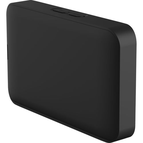 Un dispositivo rectangular negro con esquinas redondeadas y dos botones arriba.