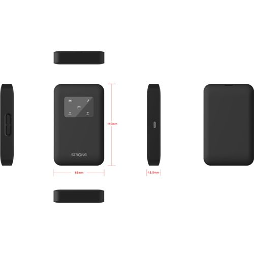 Dispositivo rectangular negro con pantalla y medidas.