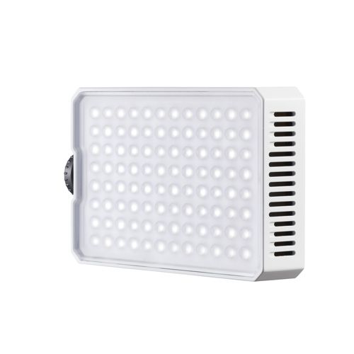 Un panneau LED blanc avec de nombreuses petites lumières et un cadran sur le côté.