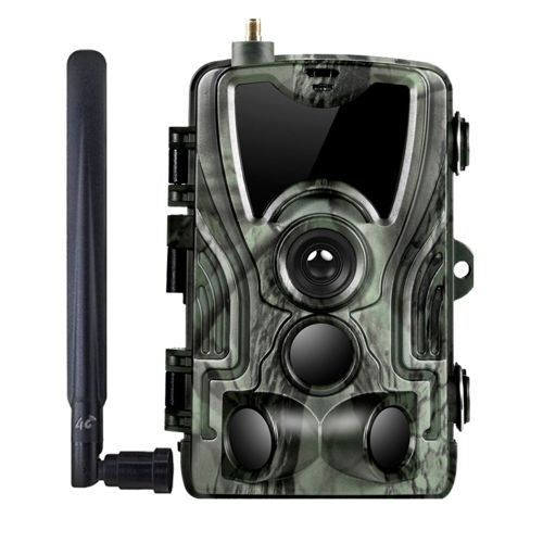 Una cámara de rastro de camuflaje con antena, lente, flash y pantalla.
