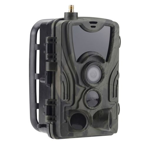 Una cámara de rastro de camuflaje con antena, lente y LEDs infrarrojos.
