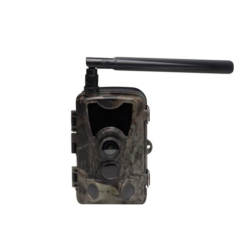 Una cámara de rastro de camuflaje con antena, con lente y dos sensores al frente.