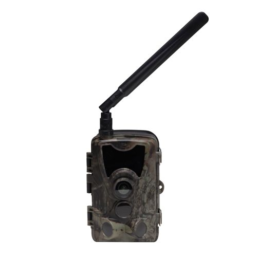 Cámara de rastro de camuflaje con antena negra, vista frontal.
