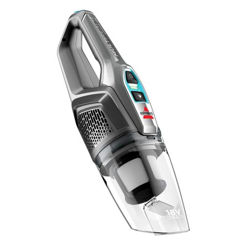 Aspirapolvere portatile grigio con serbatoio trasparente e accenti blu.