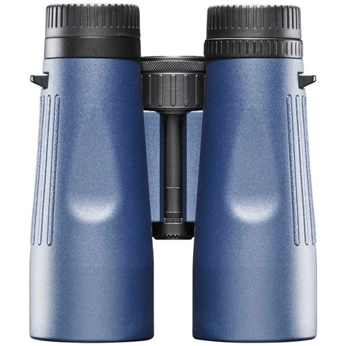 Ein Paar blaue Ferngläser mit schwarzen Details, Frontansicht.