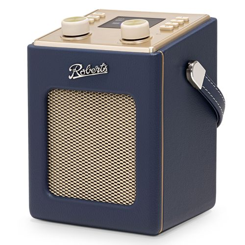 Una radio Roberts blu navy con top dorato e griglia dell'altoparlante.