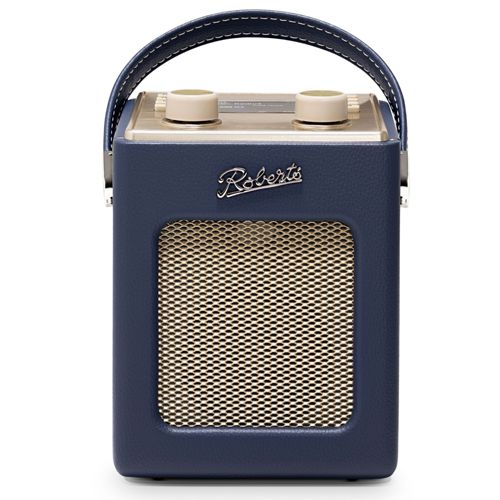 Una radio Roberts blu scuro con manico e griglia dorata.