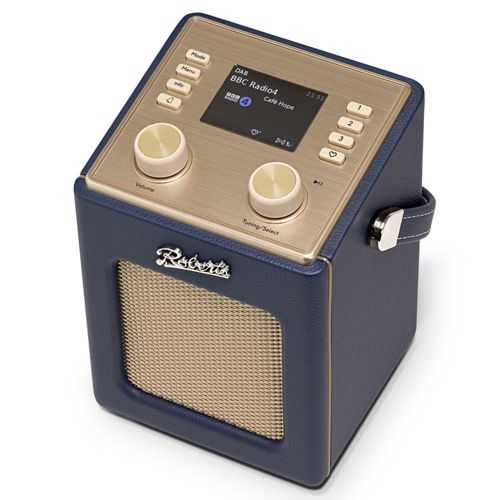 Una radio Roberts blu con frontale dorato e griglia dell'altoparlante in tessuto.