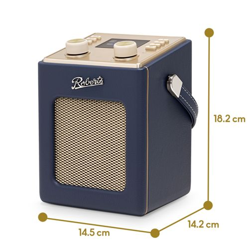 Una radio Roberts blu navy con griglia dorata e manopole di controllo.