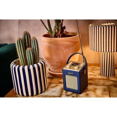 Una radio retrò blu siede accanto a una pianta in vaso e a una lampada.