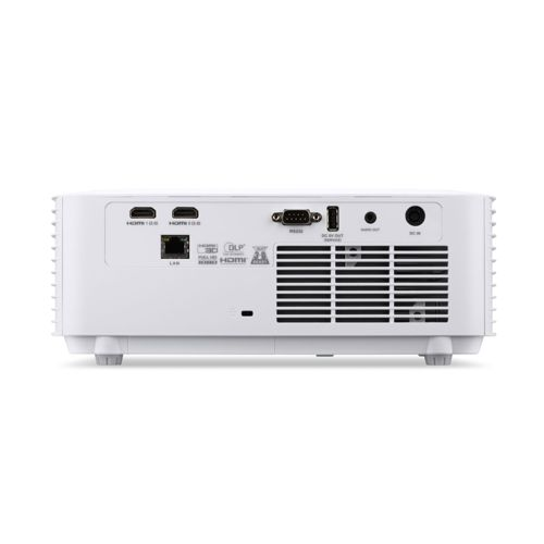 Rückseite eines weißen Projektors mit verschiedenen Anschlüssen: HDMI, LAN, VGA, DC-IN.
