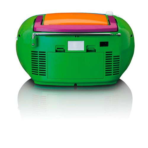 Boombox verde con tapa naranja y rosa, vista trasera.