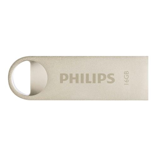 Memoria USB Philips plateada de 16 GB con un agujero al final.